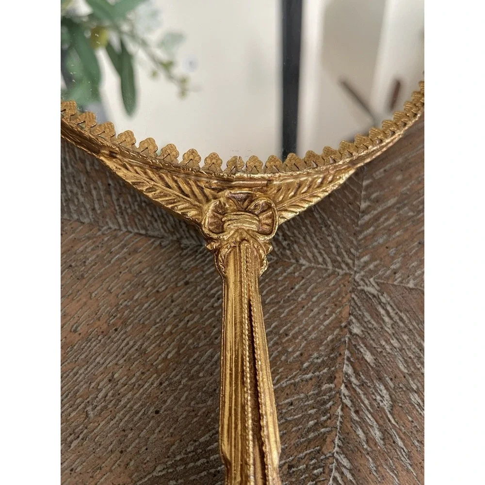Vtg Matson Stylebuilt Hand Held Mirror Gold Tone Rose and Rope Tassel Design